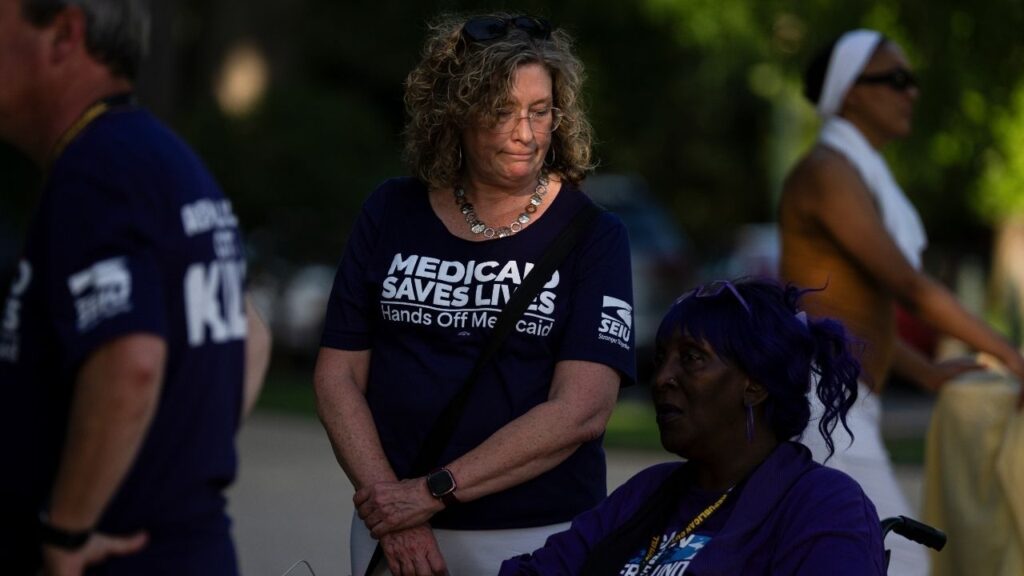 Workers from Service Employees International Union (SEIU) protest the proposed Republican Medicaid cuts outside the U.S. Capitol in Washington, June 24, 2025. The Trump administration is being sued on the new Medicaid work requirements, arguing that the guidelines are inconsistent with federal law. (Tierney L. Cross/The New York Times)