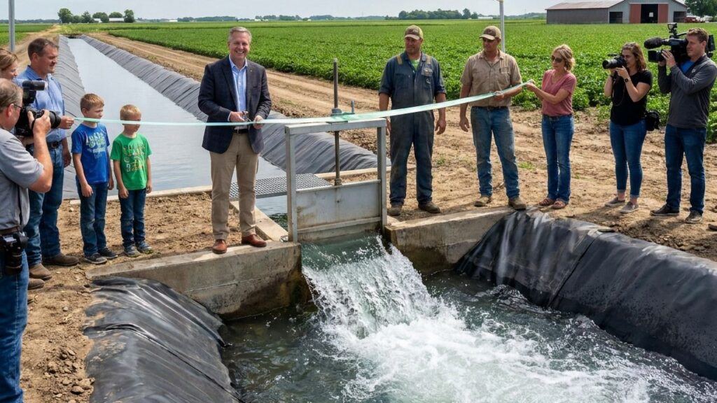 Image of water district officials holding a news conference attended by media