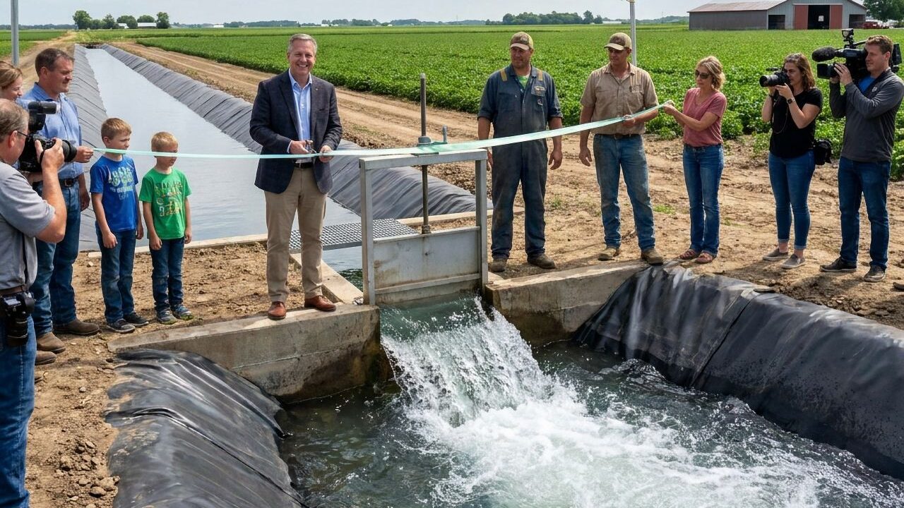 Image of water district officials holding a news conference attended by media