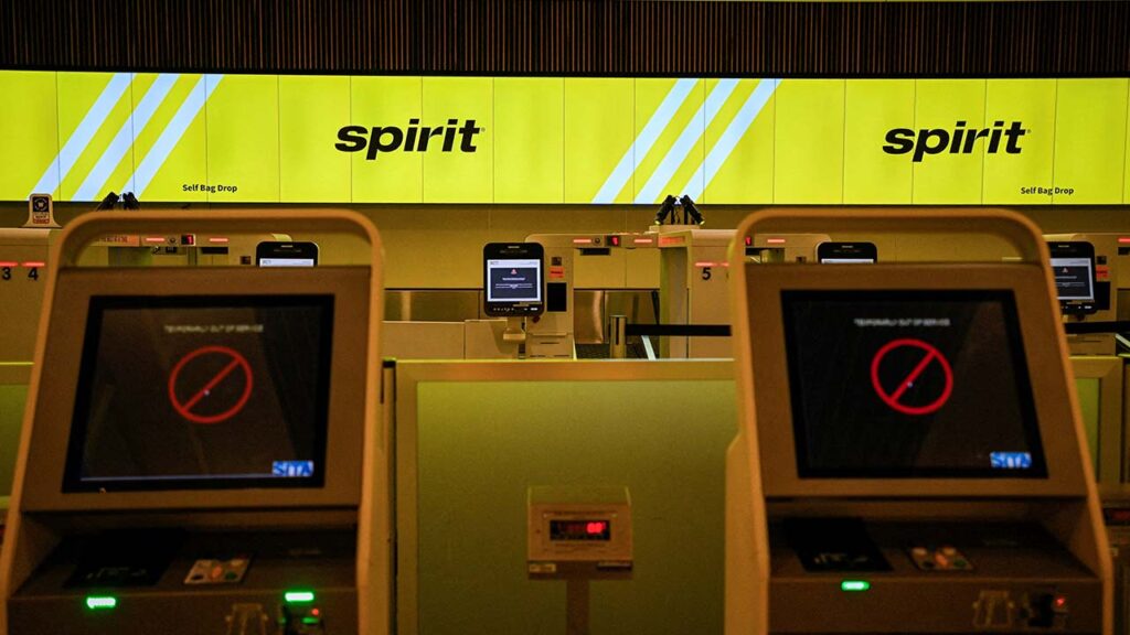 A Spirit Airlines self bag-drop counter at Orlando International Airport, as the airline announced it was ceasing operations early Saturday morning following an impasse in talks with some creditors on a $500 million government bailout plan, in Orlando, Florida, U.S., May 2, 2026. (Reuters/Miguel Rodriguez)