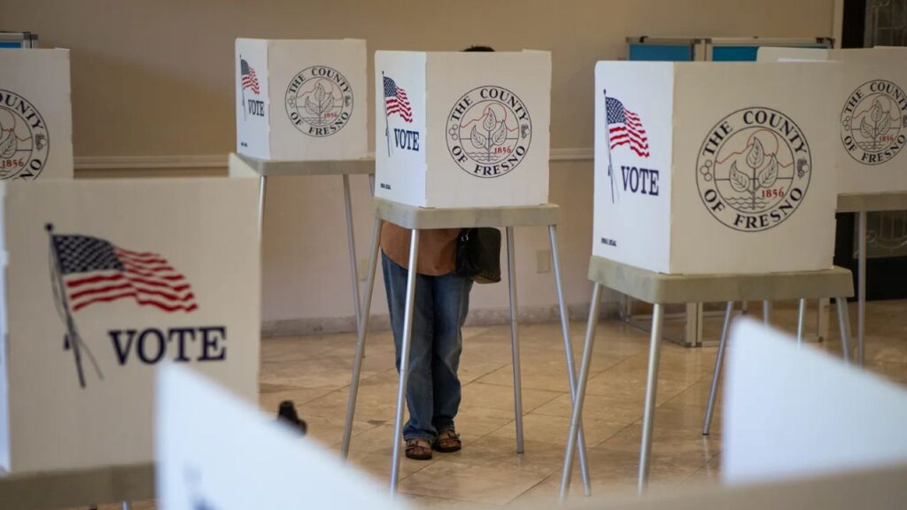 Image of voting booths, of which 1 is occupied