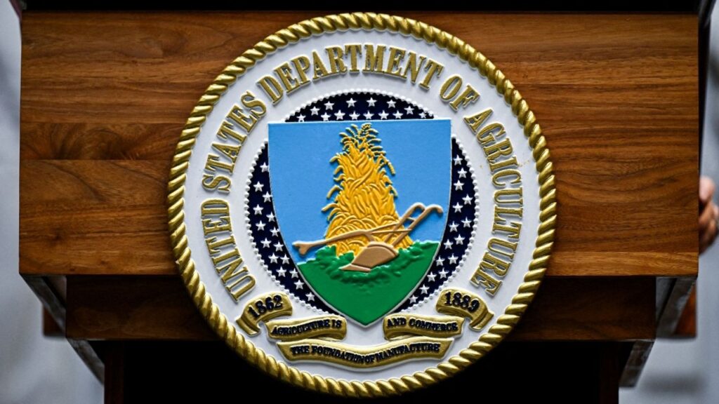 A U.S. Department of Agriculture podium plaque at the USDA building in Washington, D.C., U.S., March 24, 2026. (Reuters File)