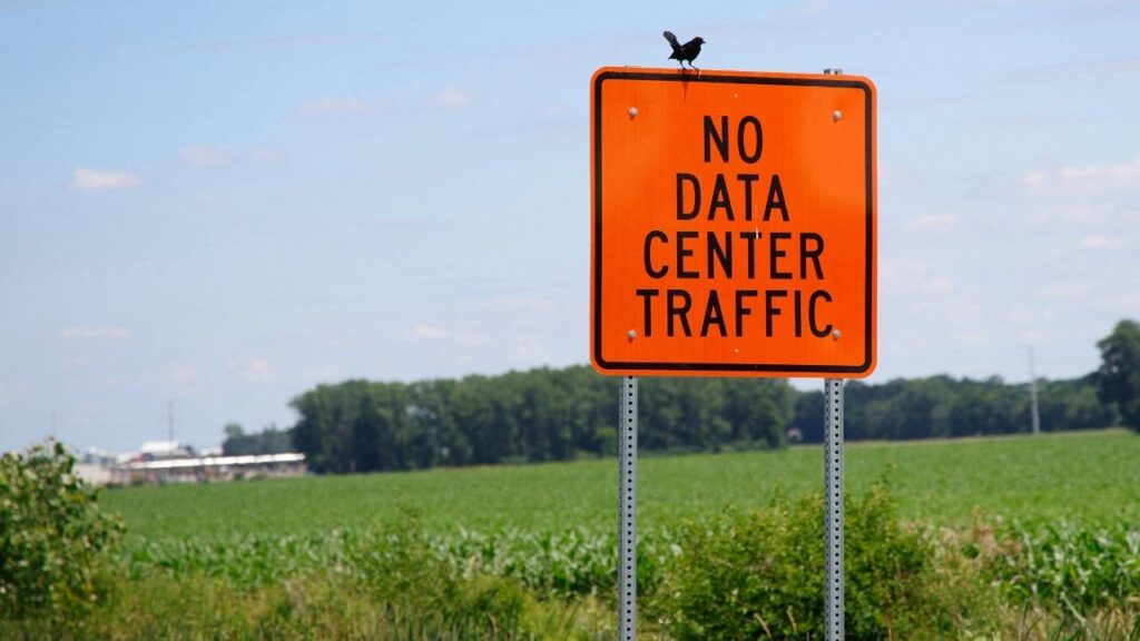 A bird perches on a "No Data Center Traffic" sign in Saline Township, Michigan, U.S. June 27 2026. (Reuters/Rebecca Cook)