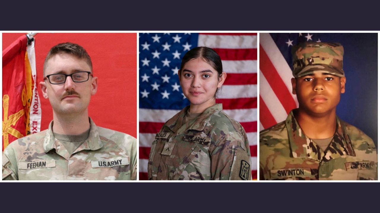 A combination picture shows U.S. Army 1st Lt. Tyler James Feehan (left), Pvt. Isabella Gonzales (center), and U.S. Army Space and Missile Defense Command soldier Sgt. Michael Emmanuel Swinton (right), who were killed in Iranian attacks in July, in these handout pictures released by the U.S. Army. U.S. Army/Handout via REUTERS