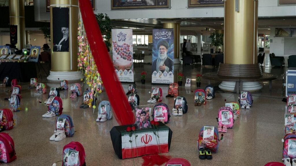 A display commemorating the deaths of children in an airstrike on an elementary school is seen on Wednesday, July 8, 2026, at the airport in Mashad, iran, part of the preparations for the upcoming burial of Ayatollah Ali Khamenei in the city of his birth. Preparations for the burial of Khamenei are transforming Mashad, one of Shiite Islam’s holiest cities, even as the military confrontation between the United States and Iran escalates once again on Wednesday. (Emile Ducke/The New York Times)