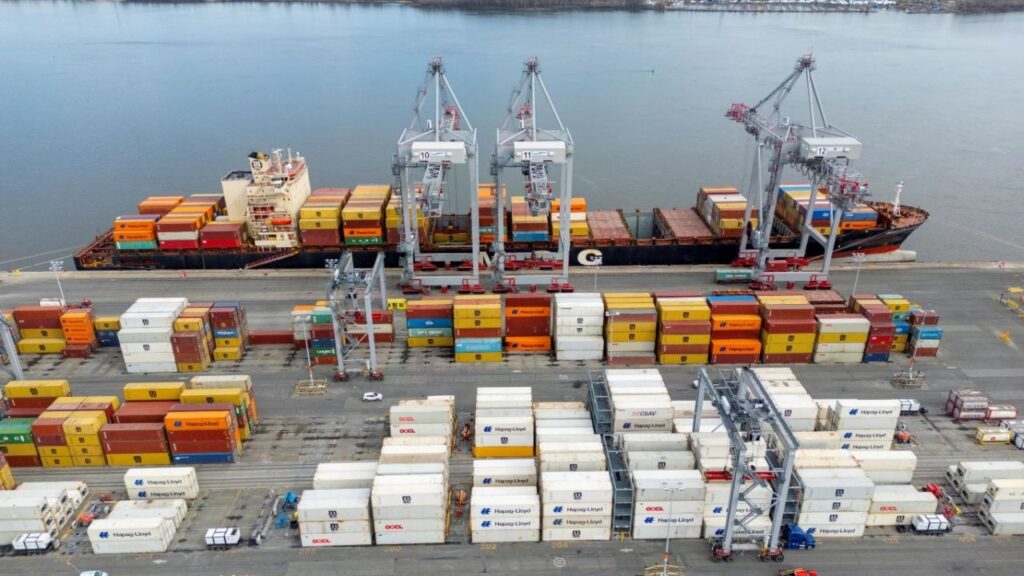A drone view shows shipping containers at the Port of Montreal in Montreal, Quebec, Canada April 14, 2025. (Reuters/Carlos Osorio)