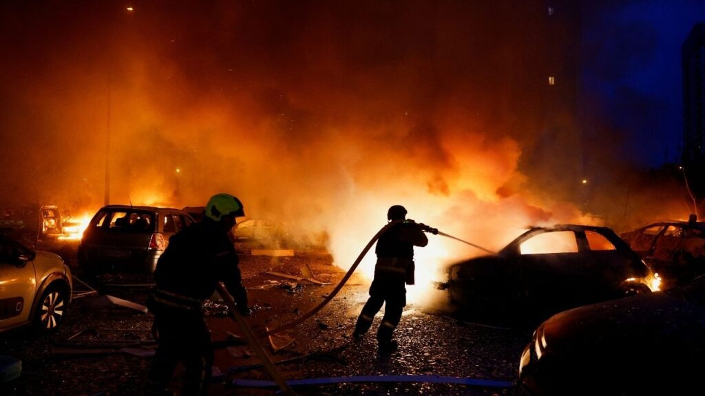 A firefighter works at the site of residential apartment buildings, which were heavily damaged during Russian missile and drone strikes, amid Russia's attack on Ukraine, in Kyiv, Ukraine, July 6, 2026. (Reuters/Valentyn Ogirenko)