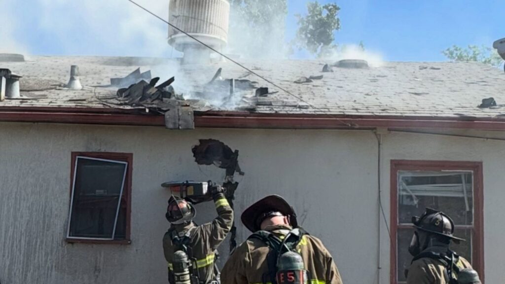 A firework sparked a Fresno house fire Sunday afternoon that damaged a home, displaced nine people and sent two occupants to the hospital for smoke inhalation. (Fresno FD)