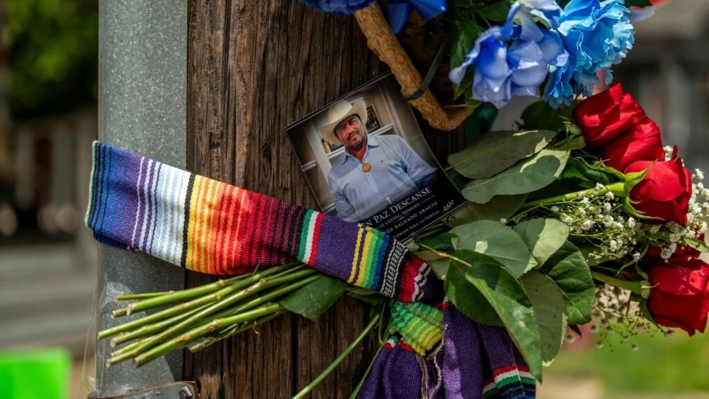 A makeshift memorial for Lorenzo Salgado Araujo, a 52-year-old Mexican immigrant who was shot by an ICE agent, at the site of the incident in Houston on July 8, 2026. The small bags found inside Salgado Araujo’s van did not contain drugs, the Harris County district attorney’s office has confirmed, contrary to initial statements from the federal government. (Meridith Kohut/The New York Times)