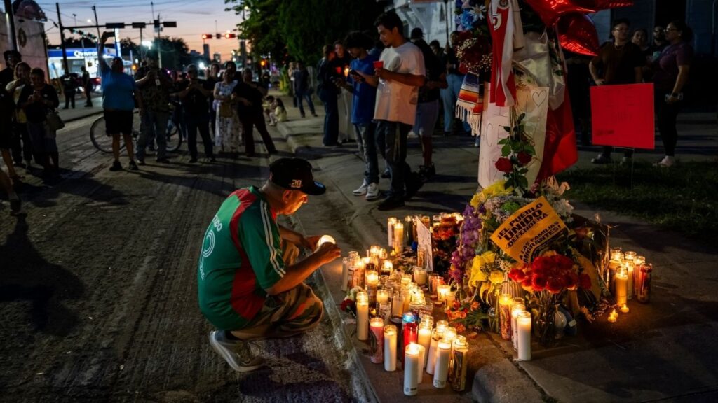 A makeshift memorial for Lorenzo Salgado Araujo, an undocumented immigrant from Mexico who was killed after an encounter with federal agents in Houston, July 8, 2026. The killing of a Mexican man living in the United States by an Immigration and Customs Enforcement agent during a traffic stop in Houston has become the latest fatal encounter as the Trump administration continues its mass deportation campaign. (Meridith Kohut/The New York Times)