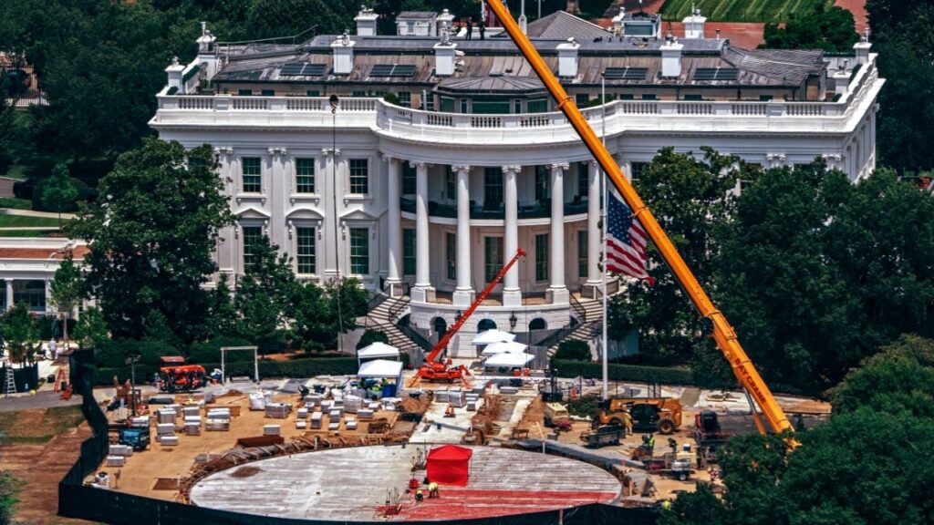 A new helipad under construction on the South Lawn of the White House in Washington, on July 15, 2026. Though past presidents involved Congress and review panels in major changes to the White House grounds, Donald Trump asserts that he has the right to undertake construction projects such as a new 90,000-square-foot ballroom, without congressional approval. (Salwan Georges/The New York Times)