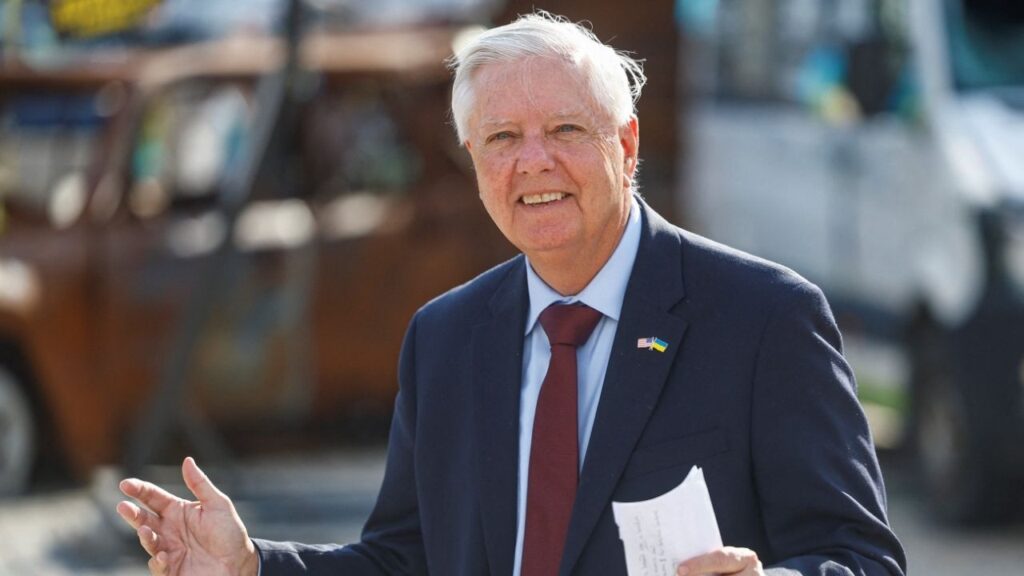 A picture taken on July 10, 2026 shows U.S. Senator Lindsey Graham (R-SC) speaking to the media after his meeting with Ukraine's President Volodymyr Zelenskiy, amid Russia's attack on Ukraine, in Kyiv, Ukraine. (Reuters/Valentyn Ogirenko)