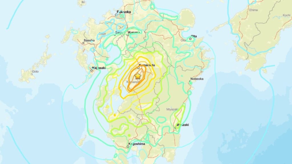 A powerful 6.8 magnitude earthquake hit southwest Japan on Tuesday afternoon, igniting fires near its epicenter, damaging buildings and highways, and injuring dozens, according to Japan’s public broadcaster. (USGS)