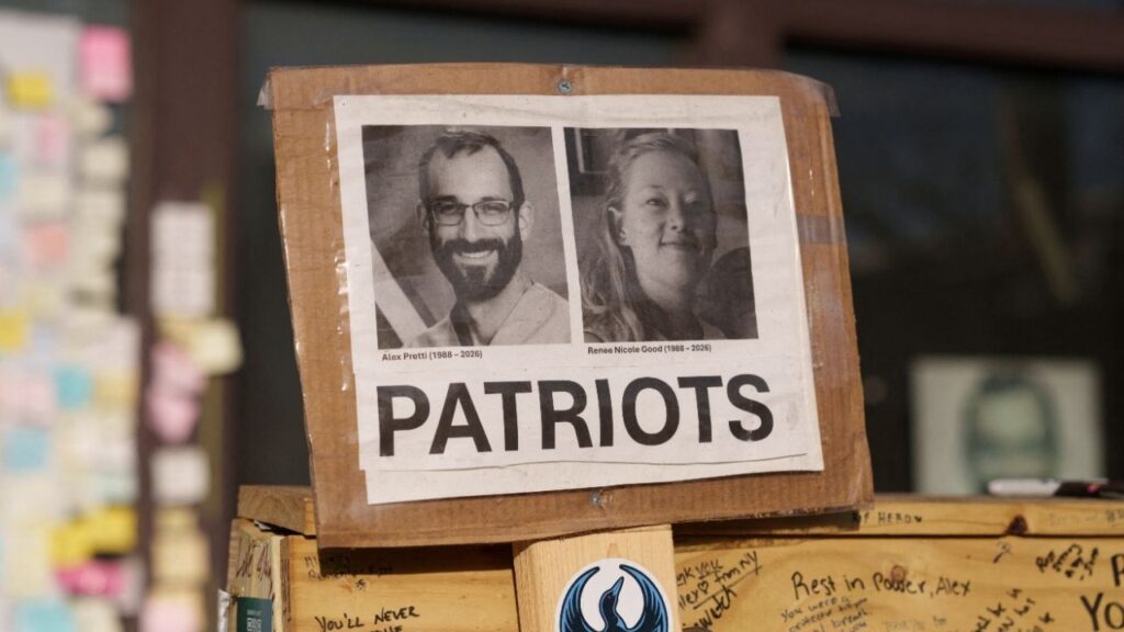 A sign honoring Alex Pretti and Renee Good as patriots rests at a memorial in Minneapolis, Minnesota, U.S., March 12, 2026. (Reuters File)