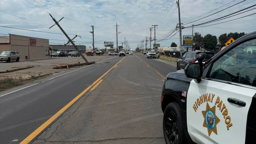 A vehicle collision that knocked down a utility pole and power lines forced the closure of Highway 59 at East Gerard Avenue in Merced while crews worked to make repairs. (CHP)