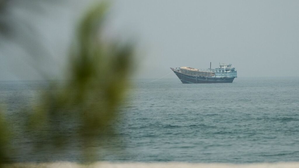 A vessel at the Strait of Hormuz, as seen from Musandam,Oman, July 14, 2026. (Reuters/Stringer)
