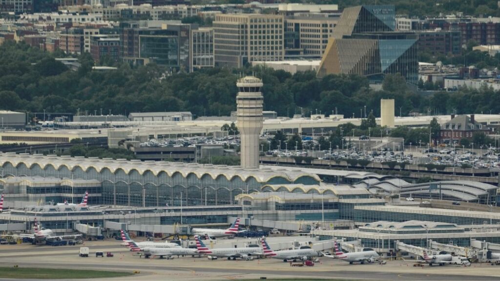 A view of Ronald Reagan National Airport, DCA, from the top of the Washington Monument in Washington, D.C., U.S., May 2, 2026. REUTERS/Ken Cedeno