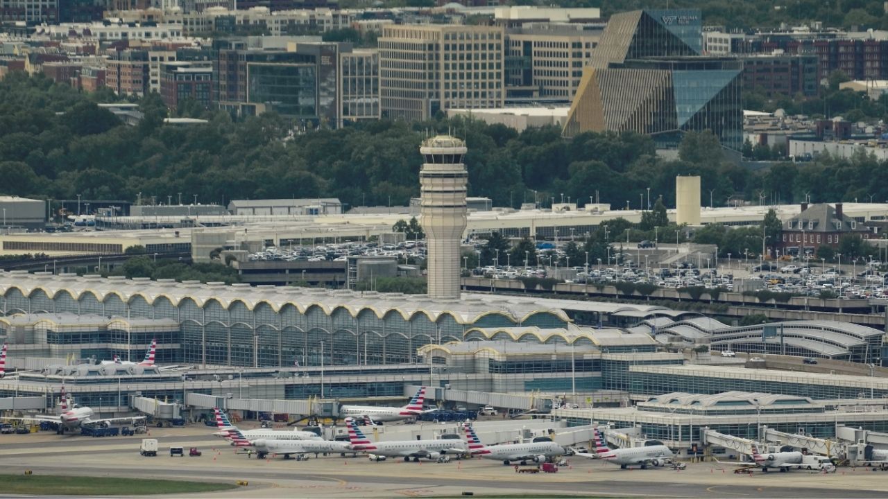 A view of Ronald Reagan National Airport, DCA, from the top of the Washington Monument in Washington, D.C., U.S., May 2, 2026. REUTERS/Ken Cedeno