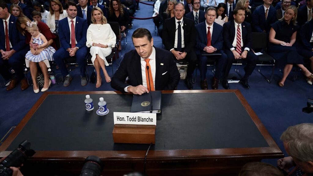 Acting U.S. Attorney General Todd Blanche takes his seat to testify before a Senate Judiciary Committee confirmation hearing on his nomination to be attorney general, on Capitol Hill in Washington, D.C., U.S., July 15, 2026. (Reuters/Evelyn Hockstein)