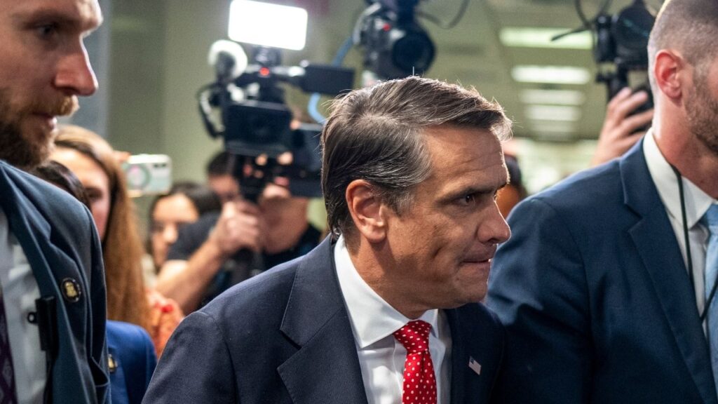 Acting U.S. Attorney General Todd Blanche walks after a meeting with Sen. John Curtis (R-Utah) on Capitol Hill in Washington on Wednesday, July 29, 2026. Two Republican senators on the Judiciary Committee, who lost their seats after defying President Trump, threatened on Wednesday to block Todd Blanche’s nomination as attorney general over a deal he cut to settle Trump’s lawsuit against the IRS. (Alex Kent/The New York Times)