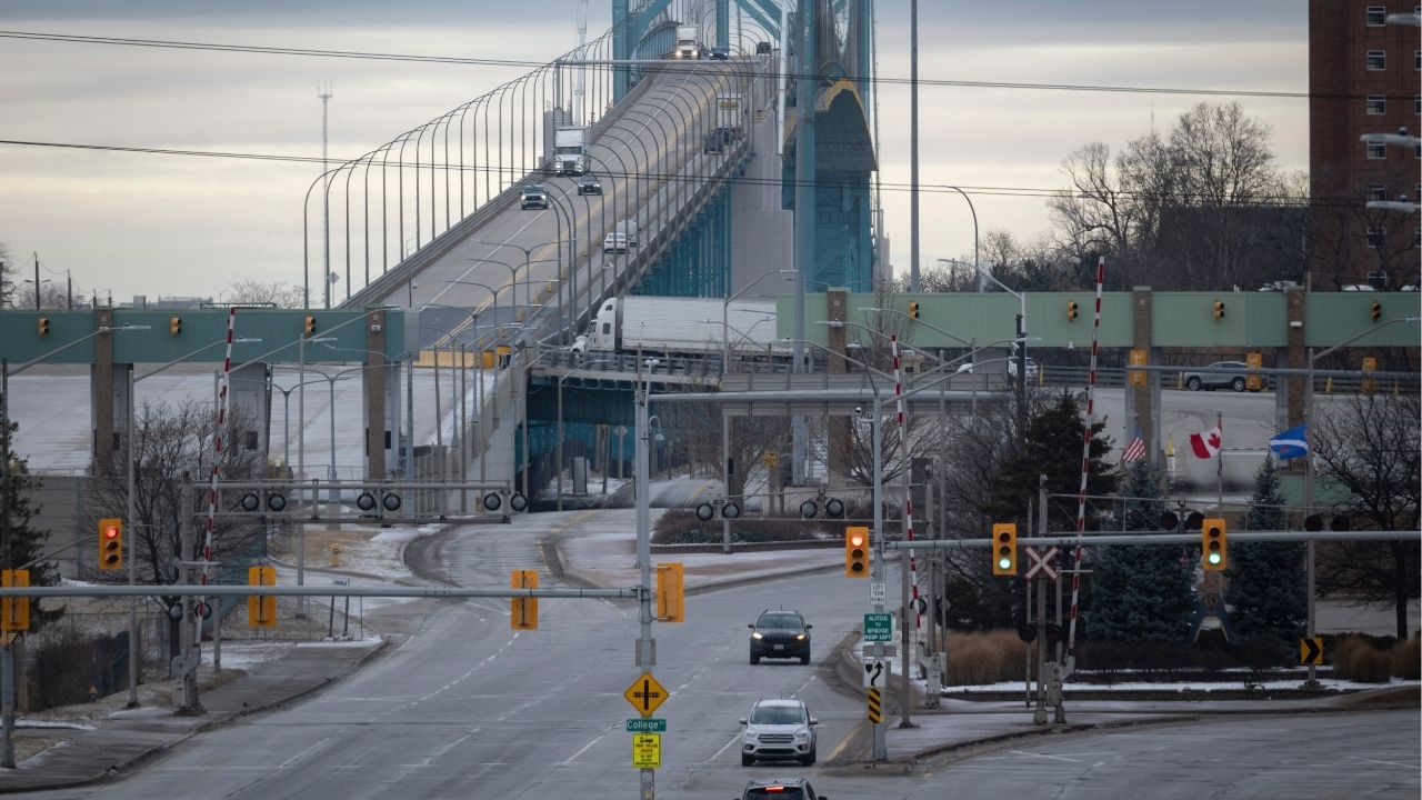 The Ambassador Bridge in Windsor, Canada, Feb. 1, 2025. For a critical trade crossing, the Ambassador Bridge is oddly disconnected from expressways. (Ian Willms/The New York Times)