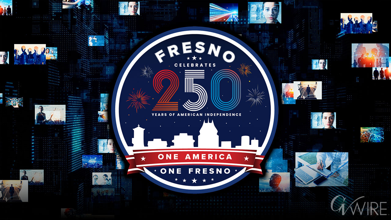 Image of the America 250 Fresno logo that includes a white outline of the Fresno skyline and the number 250 in red, white, and blue inside a white circle