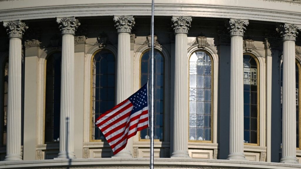 An American flag flies at half-staff outside of the Capitol after the death of Sen. Lindsey Graham (R-S.C.), who died on Saturday, in Washington, on Monday, July 13, 2026. Still shaken from the sudden death of Graham, Senate Republicans returned to Washington on Monday and were immediately forced to confront the policy and political complications caused by his absence. (Kenny Holston/The New York Times)