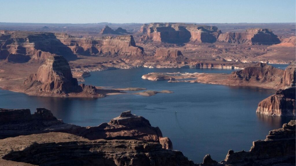 An aerial view shows critically low water levels in Lake Powell, a reservoir of the Colorado River, near Page, Arizona, U.S. May 15, 2025. (Reuters File)