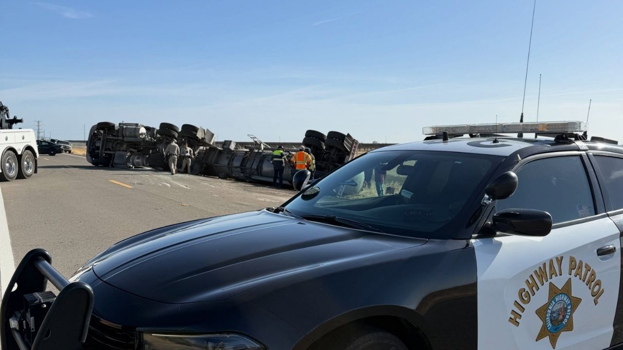 An overturned tanker truck spilled about 1,000 gallons of fertilizer and shut down Highway 33 near Coalinga while the driver was hospitalized with major injuries and cleanup efforts continue. (CHP)
