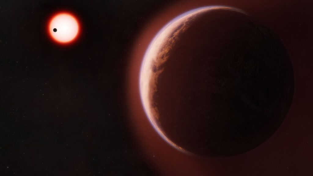 In an undated image provided by Melissa Weiss/CFA, an artist’s concept of the exoplanet LHS 1140b, surrounded by a helium-rich atmosphere, with another rocky planet orbiting the same cool red dwarf star in the distance. New data collected by the astronomers strongly suggests that LHS 1140b has a helium-rich atmosphere. (Melissa Weiss/CFA via The New York Times)