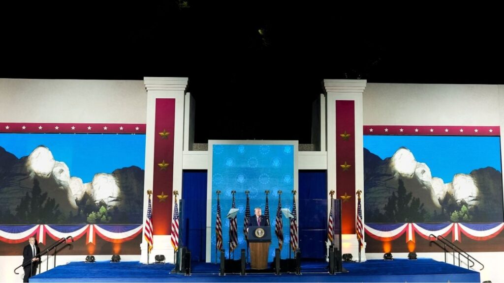 President Donald Trump delivers remarks at Mt. Rushmore Park in South Dakota, July, 3, 2026. Four months before tough midterm elections, President Trump used the backdrop of Mount Rushmore one night before the nation’s 250th birthday to characterize his political opponents as “godless,” “evil” communists. (Doug Mills/The New York Times)