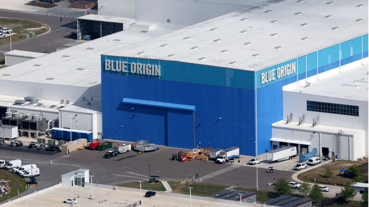 An aerial view shows the Blue Origin manufacturing facility at the Kennedy Space Center in Cape Canaveral, Florida, U.S., April 6, 2026. (REUTERS/Brendan McDermid)