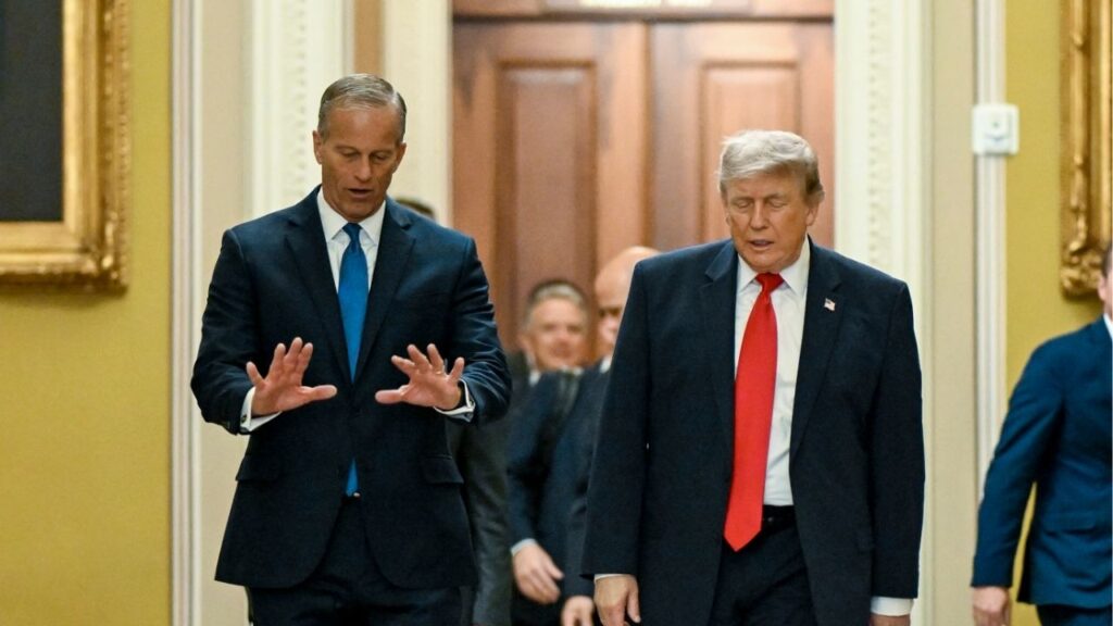 President Donald Trump with Senate Majority Leader John Thune (R-S.D.), left, on the day he had been set to sign the bipartisan housing bill, at the Capitol in Washington, June 24, 2026. President Trump said on Friday, July 10, that he would not sign the major bipartisan housing bill, a decision he framed as a protest against Senate Republicans for failing to pass a voting restriction bill that does not have enough support to clear the Senate. The housing bill would still become law at midnight without his signature. (Kenny Holston/The New York Times)