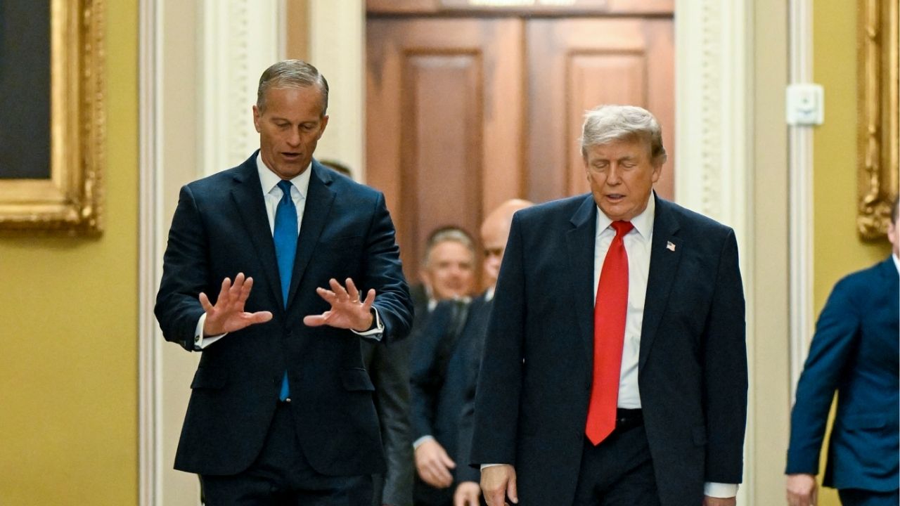 President Donald Trump with Senate Majority Leader John Thune (R-S.D.), left, on the day he had been set to sign the bipartisan housing bill, at the Capitol in Washington, June 24, 2026. President Trump said on Friday, July 10, that he would not sign the major bipartisan housing bill, a decision he framed as a protest against Senate Republicans for failing to pass a voting restriction bill that does not have enough support to clear the Senate. The housing bill would still become law at midnight without his signature. (Kenny Holston/The New York Times)