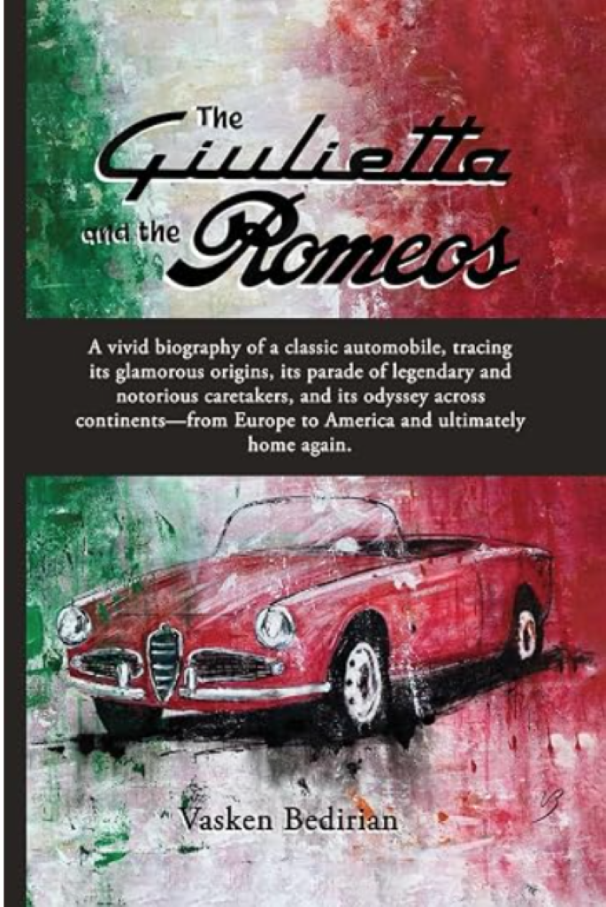 Image of the cover of "The Giulietta and the Romeos," a novel about sports car racing. Cover features a sports car and green, red, and white hues