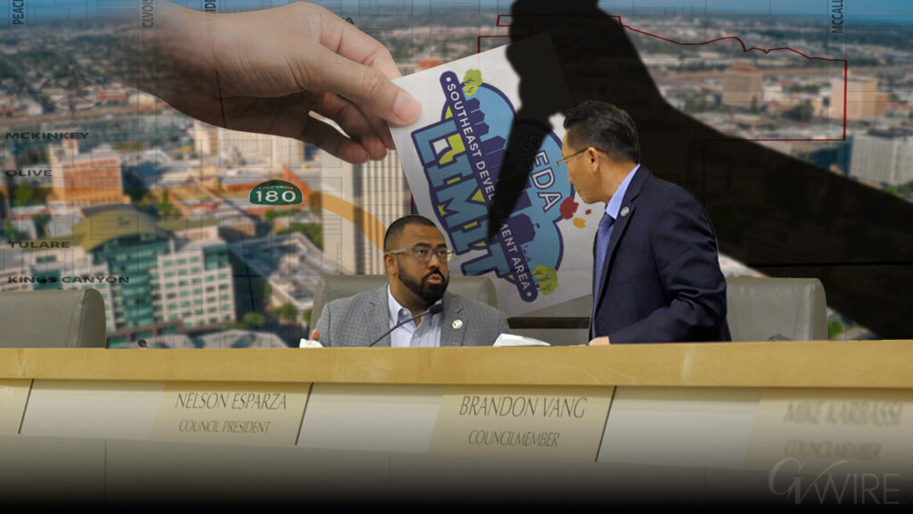 Composite image of Brandon Vang and Nelson Esparza's jousting over a SEDA ballot proposal in Fresno, California