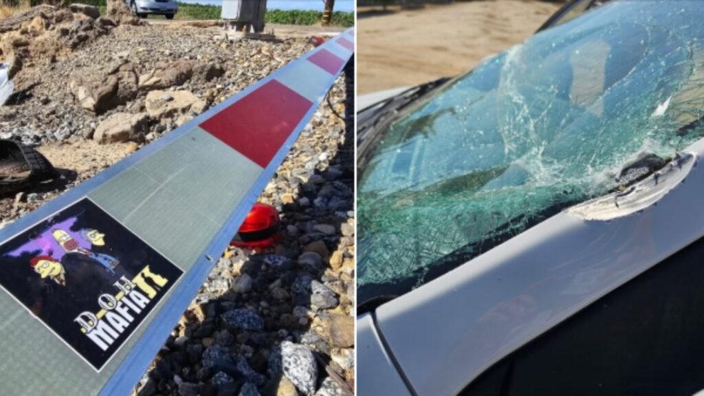 CHP Fresno said malfunctioning railroad crossing arms struck a vehicle windshield Wednesday, urging drivers to never bypass crossings and to always stay alert around train tracks. (CHP)