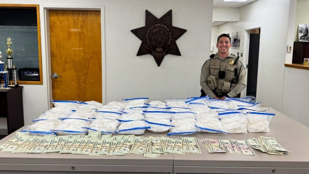 CHP officers seized approximately 45 pounds of methamphetamine, nearly $1,500 in cash and a digital scale during a Tulare County traffic stop that resulted in a driver's arrest on narcotics charges. (CHP)