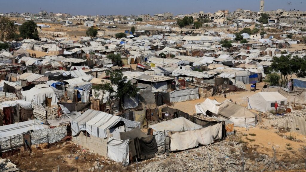 Displaced Palestinians shelter at a tent camp in Khan Younis, southern Gaza Strip, July 8, 2026. (Reuters File)