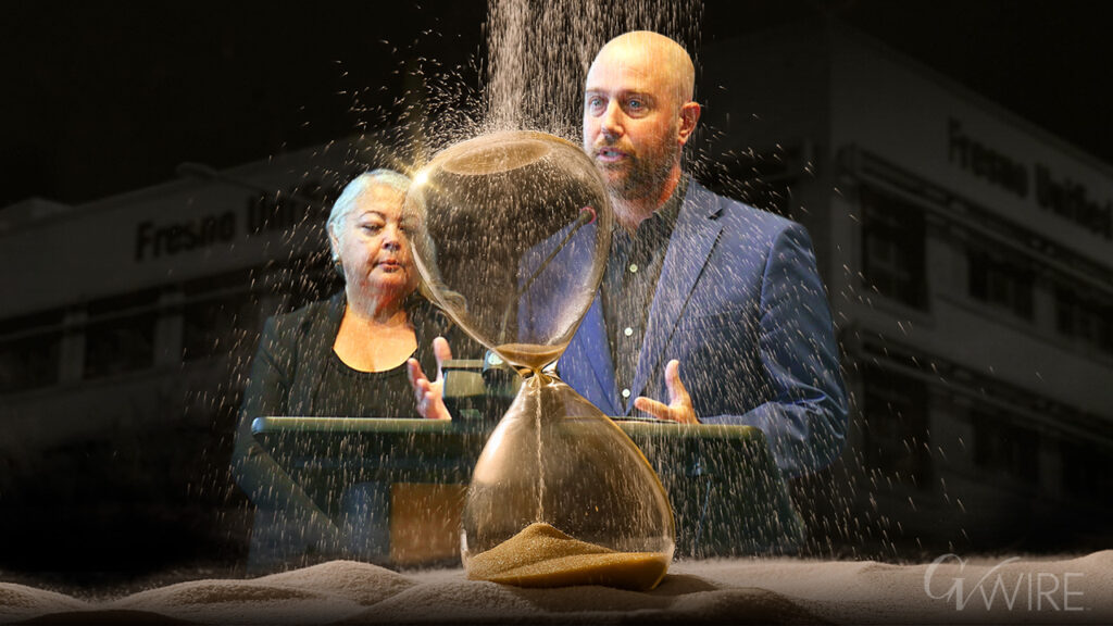 Composite image of Veva Islas and Andy Levine and an hourglass symbolizing that they should resign