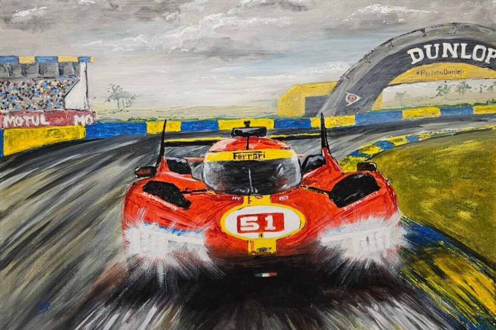Image of a painting featuring a classic red Ferrari racing on a track with its lights on beneath white clouds at dusk