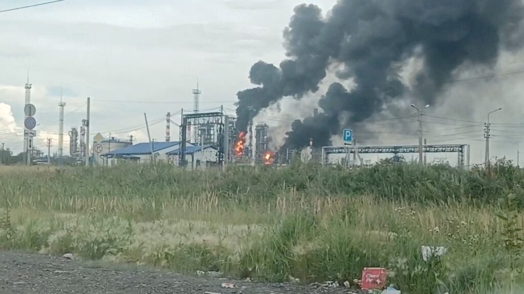 Fire at Omsk oil refinery as the region's governor says the province came under attack from Ukrainian drones, in Omsk, Russia July 6, 2026, in this picture obtained from a social media video. (Social Media/Reuters)