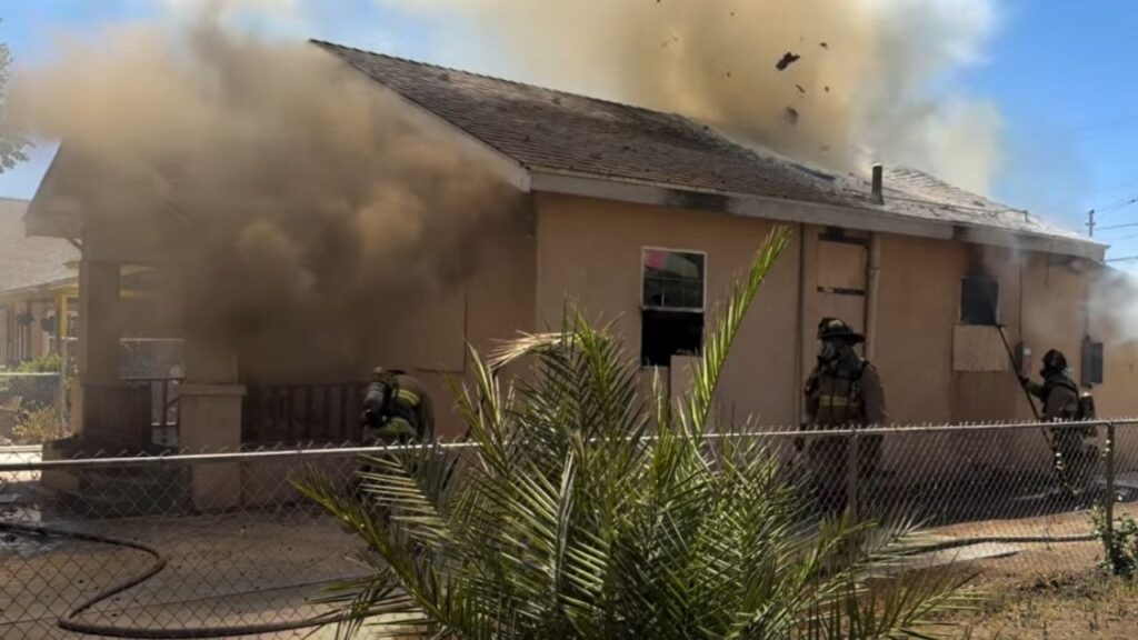 Firefighters extinguished a blaze Monday afternoon at a vacant Fresno home on South Poppy Avenue that sustained extensive damage, with no injuries reported and the cause under investigation. (Fresno FD)