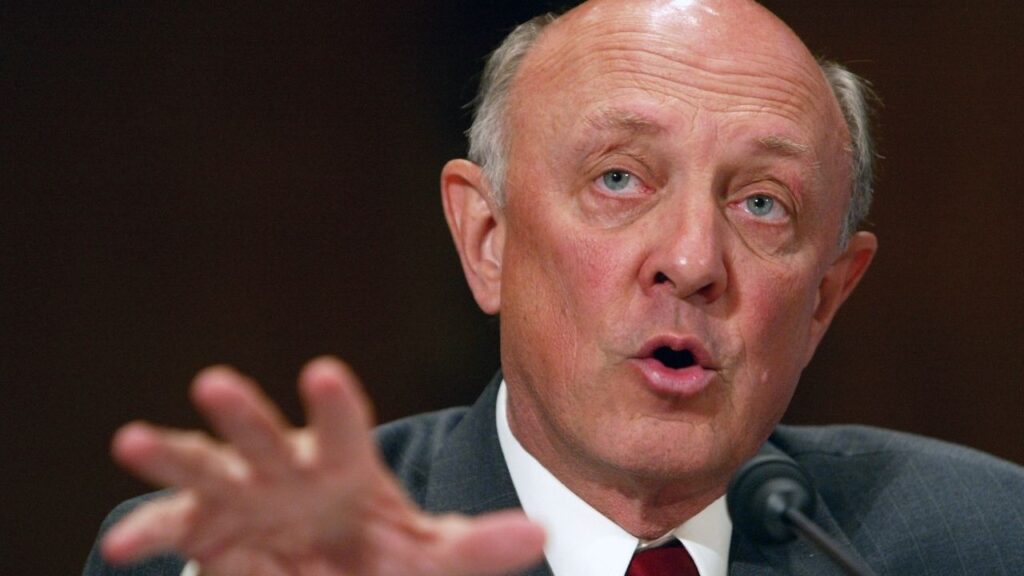 Former CIA DIrector R. James Woolsey testifies before a Senate committee in Washington on Aug. 16, 2004. Woolsey, a lawyer and arms control negotiator who had a brief, embattled tenure as director of central intelligence under President Bill Clinton and whose rightward political drift later led him to support the U.S.-led invasion of Iraq and Donald Trump’s presidential candidacy, died on Tuesday, July 21, 2026, at his home in Washington. He was 84. (Matthew Cavanaugh/The New York Times)