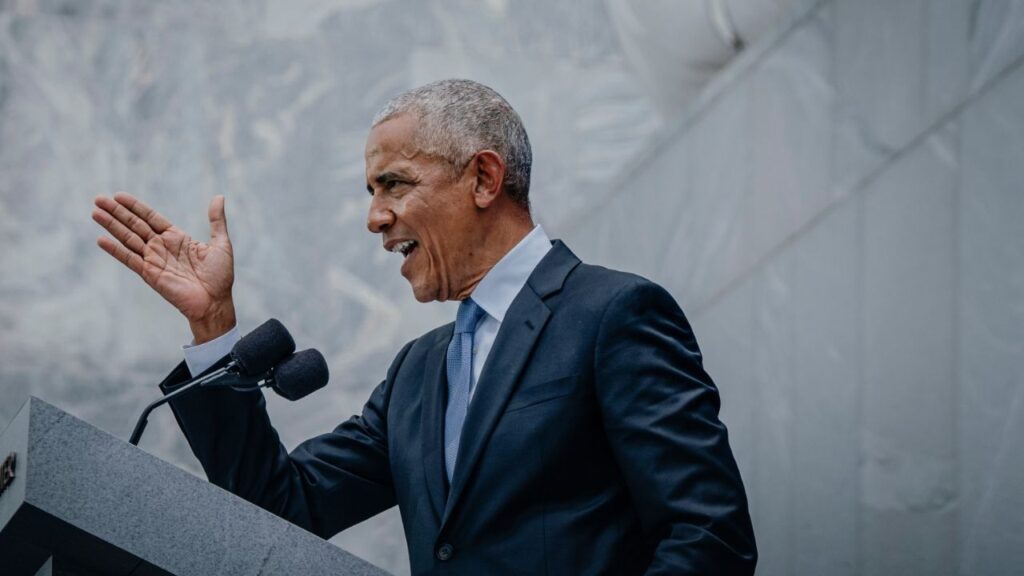 Former President Barack Obama speaks during the grand opening for the Obama Presidential Center in Chicago, June 18, 2026. Obama will hold a fund-raiser in late August for the National Democratic Redistricting Committee, a fresh sign that Democrats intend to continue their aggressive push to gerrymander congressional districts ahead of the 2028 election. (Jamie Kelter Davis/The New York Times)
