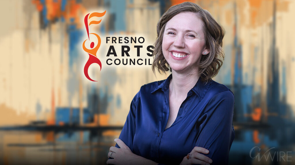 Composite image of new Fresno Arts Council leader Lauren Nikkel and the organization's logo. She is wearing a blue dress