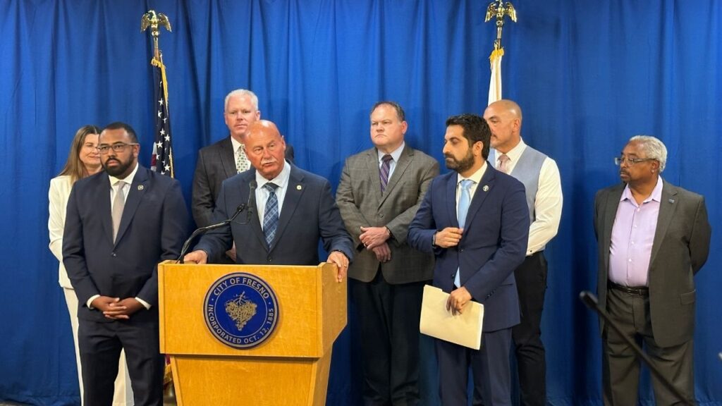 Fresno City Counil and Mayor Dyer at a news conference on Thursday, July 23, 2026. (GV Wire/Edward Smith)