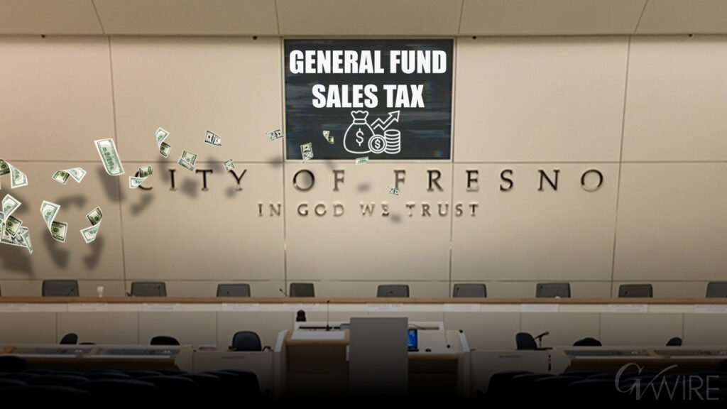 Composite image of Fresno City Council chambers and the superimposed words "General Fund Sales Tax"