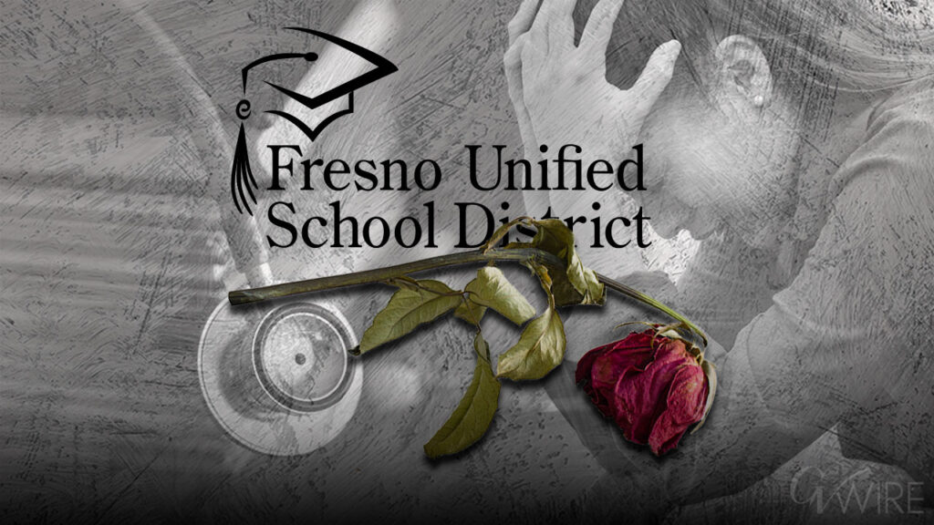 Composite image of a stethoscope, rose, and grieving relative following death of a Fresno Unified student