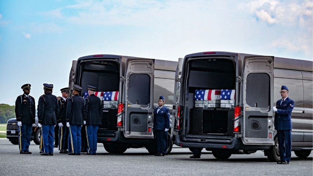 A ceremony to honor Army soldiers killed in action at a Jordanian military base, at Dover Air Force Base, Del., July 22, 2026. U.S. and Iranian forces are again trading strikes, ships are once more avoiding the Strait of Hormuz, and the cease-fire, announced by President Donald Trump on June 14, is in shambles. (Kenny Holston/The New York Times)